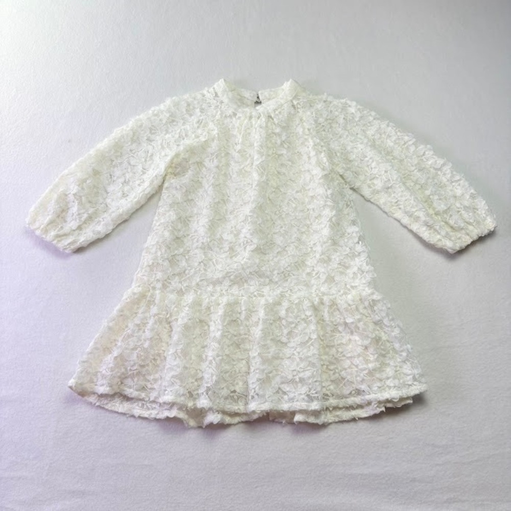 Zara Lace Dress Kids Size 7 White Good Tiered Ruffle Long Sleeve Mock Neck